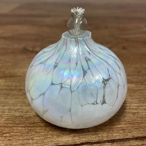 Hand Blown iridescent Art Glass Oil Lamp Round White 4” Tall